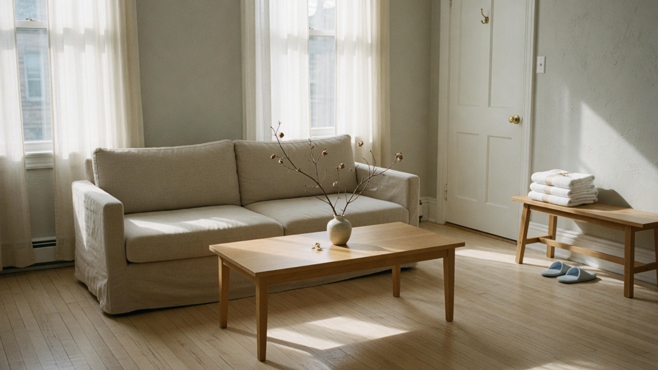 A living room prepared for the next guest.