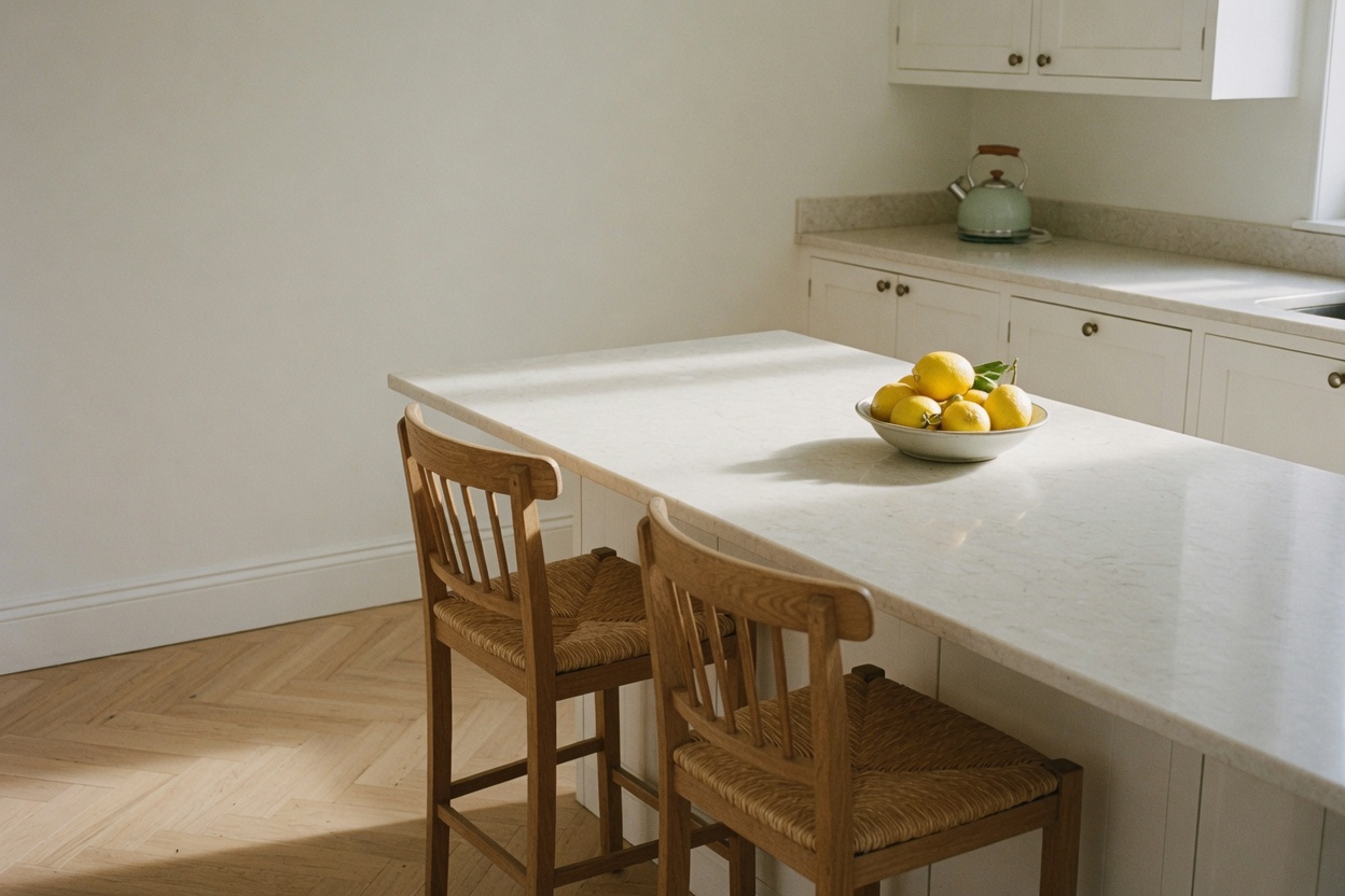A kitchen counter cleared between guests.