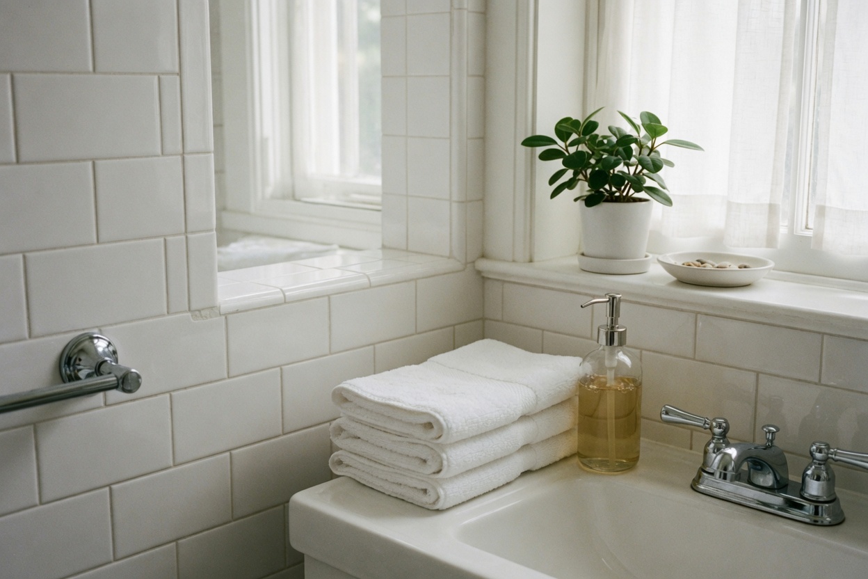 A bathroom with folded towels after a clean.